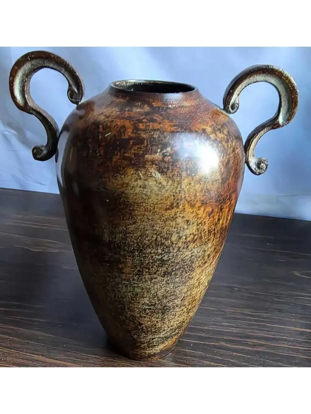 Vintage Metal Amphora Vase Scroll Handles Verdigris Rustic Urn Decor